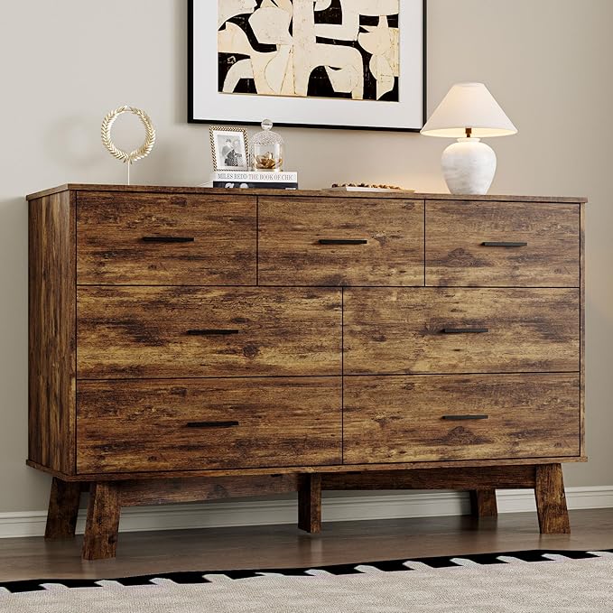 Dresser for Bedroom with 7-Drawer, 47.2" Wide Modern Chest of Drawers with Metal Handles, X-Shape Base & Adjustable Center Leg, Anti-Tip Closet Organizers and Storage