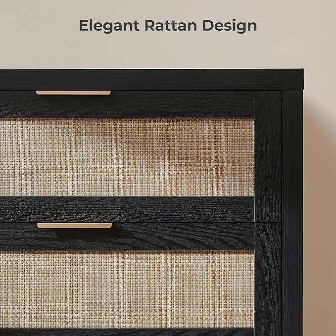 SICOTAS Rattan Dresser for Bedroom, 56.9" Wide 6 Drawer Dresser with Ample Storage, Wooden Dressers Large Chest of Drawers, Closet, Boho TV Stand for Bedroom (Black Oak, 1 Piece)