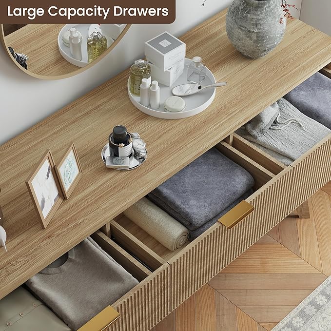 SUNWAVE Fluted 9 Drawer Dresser for Bedroom, 59.1" Wide Modern Large Dresser with Round Corner, Wood Drawer TV Stand for Living Room