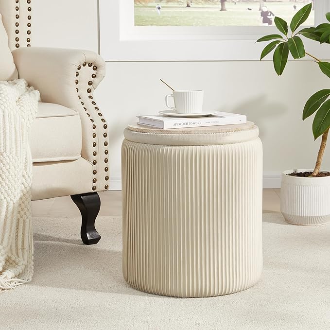 Royal Windsor Round Ottoman with Storage Set of 2,Vanity Stool with Storage for Bedroom, Ottoman Coffee Table,Small Velvet Foot Stool for Living Room, Beige