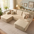106" Cloud Sectional Couch with L-Shape Chaise & Ottoman, No Assembly Modular Sofa, Deep Seat Plush Corduroy Boneless Couched for Living Room (Beige Plush Corduroy, Left Facing Chaise with Ottoman)