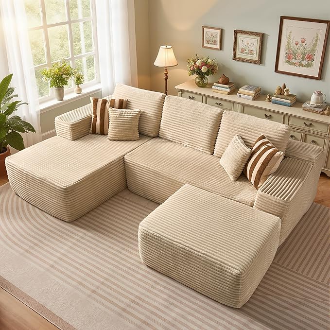 106" Cloud Sectional Couch with L-Shape Chaise & Ottoman, No Assembly Modular Sofa, Deep Seat Plush Corduroy Boneless Couched for Living Room (Beige Plush Corduroy, Left Facing Chaise with Ottoman)