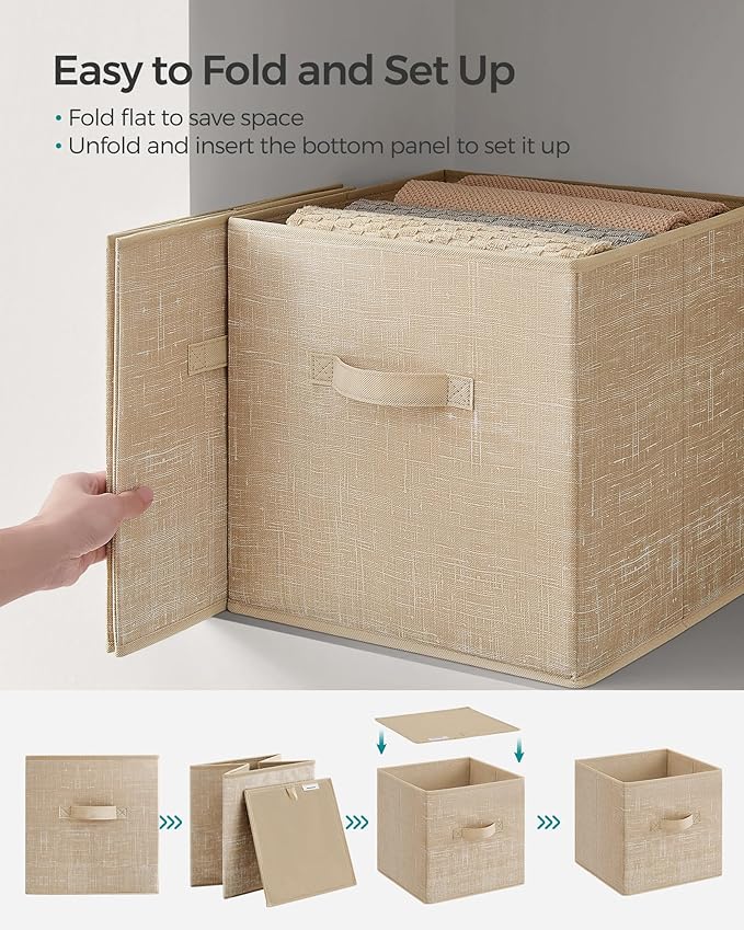 SONGMICS Storage Cubes, 13 x 13 x 13 Inches Non-Woven Fabric Bins with Double Handles, Set of 8, Closet Organizers for Shelves, Foldable, for Clothes, Sand Beige UROB833K03