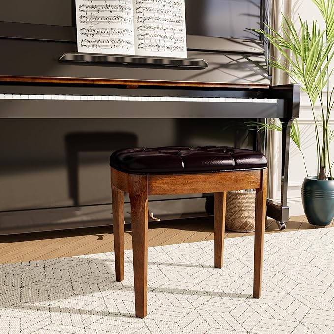 MODERION Vanity Stool Bench with Upholstered, Modern Luxury Wood Stool ,Ottoman Shoe Bench for Living Room, Vanity, Entryway, 19.3"L x 14.9"W x 19.3"H Easy Assembly, Beeswax Leg & Dark Brown FD-HNY-DB