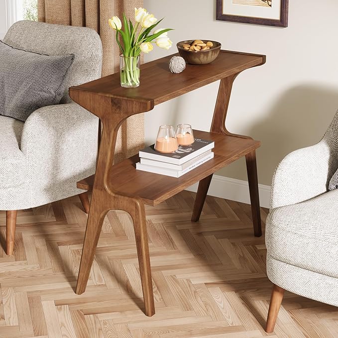 Tribesigns Set of 2 Solid Wood End Table, 2-Tier Farmhouse Couch Side Table, Rustic Tall Sofa Side Table with Storage Shelf for Living Room, Skinny Bedside Table, Nightstand for Bedroom, Rustic Brown
