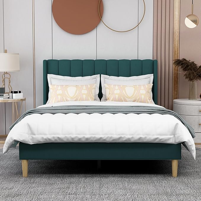 AGARTT Upholstered Platform Bed Frame Full Size with Headboard and Footboard/Wooden Slats Support/No Box Spring Needed/Easy Assembly, Green Velvet
