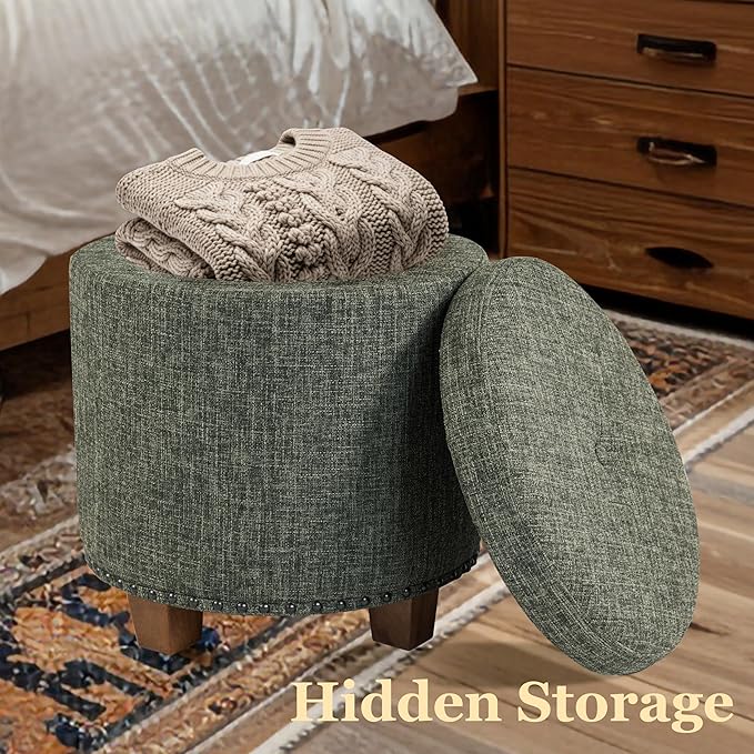 Homepop Home Decor | Upholstered Round Storage Ottoman with Nailheads| Ottoman with Storage for Living Room & Bedroom, Green Clover Fabric