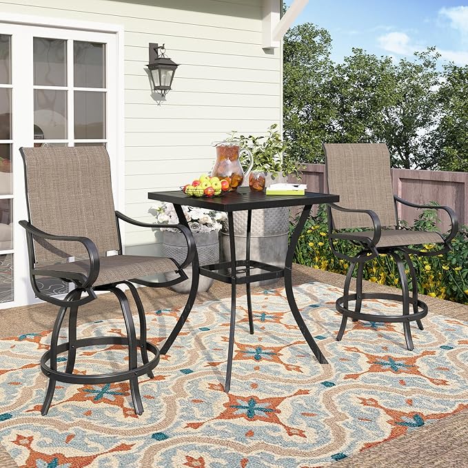 PHI Villa 3 Piece Outdoor Bar Set, Counter Height Patio Bar Bistro Table and Swivel Bar Stools Chairs with All Weather Brown Textilene Fabric for Garden, Yard, Poolside
