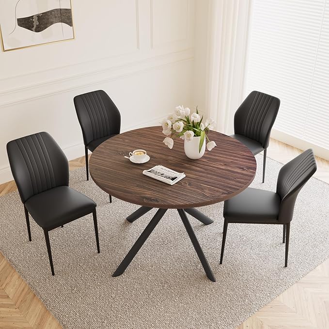 45.3'' Walnut Round Dining Table Set for 4, Mid Century Modern Small Coffee Set for Dining Room Kitchen Apartment (Dark Walnut Table + 4 Black Chairs)