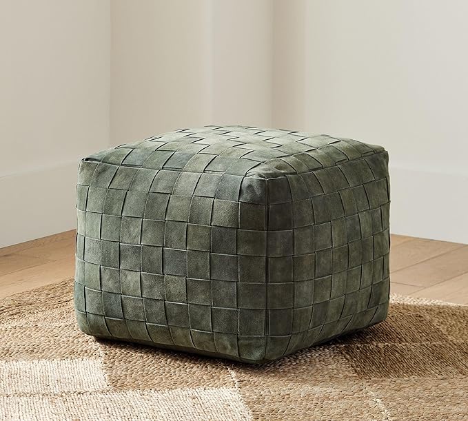 Luxury Handcrafted Suede Basketweave Pouf Ottoman – Soft & Durable Floor Cushion, Footrest, and Accent Seating for Living Room, Bedroom, & Office – Stylish Modern Home Décor (Hunter, 18" x 18" x 14")
