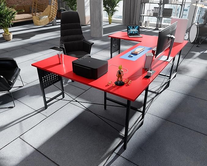 Pamray 71 Inch Large Computer Desk with Power Outlets,U Shaped Corner Desk for Home Office Work and Gaming Red