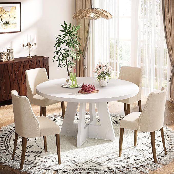 Tribesigns Farmhouse Dining Table, 47 Inch Round Dinner Table for 4, Rustic Round Dining Room Table for Home Dining Room Living Room (White)