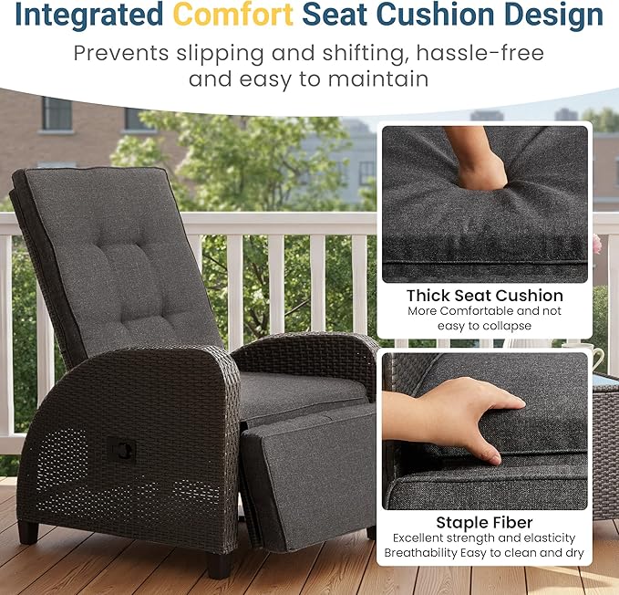 Green4ever Outdoor Patio Recliner with Independently Adjustable Backrest and Footrest, All-Weather Wicker Patio Chair, 160° Lay Flat Patio Reclining Lounge Chair for Backyard Garden, Grey