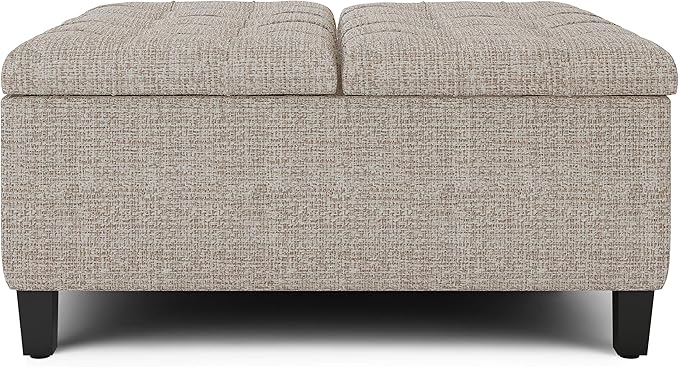 SIMPLIHOME Harrison Coffee Table Storage Ottoman - 36 inch Wide Upholstered Tweed Look Fabric Square Lift-Top Ottoman in Platinum, Transitional Ottoman for Living Room with Hidden Storage