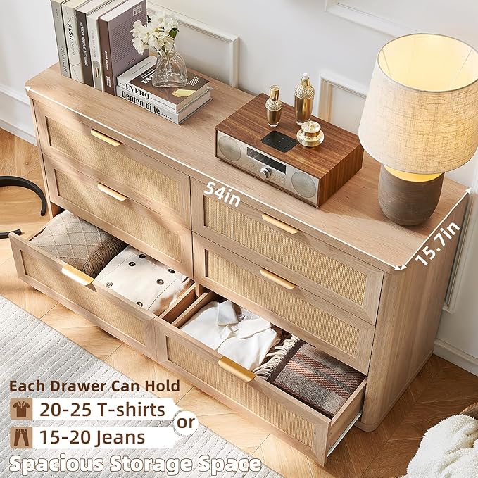 LEYAOYAO Rattan 6 Drawer Dresser for Bedroom Set of 2, Boho 54" Wide Natural Wood Dresser Chest of Drawers, Dressers TV Stand with Metal Handle, Storage Dressers Closet Organizer for Living Room