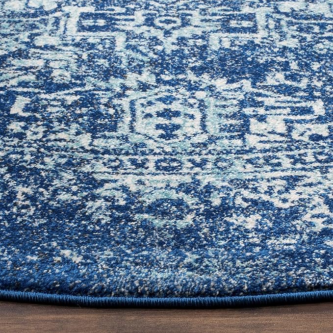 SAFAVIEH Evoke Collection Area Rug - 9' Round, Navy & Ivory, Distressed Design, Non-Shedding & Easy to Clean, Ideal for Living Room, Bedroom, Dining Space (EVK256A)