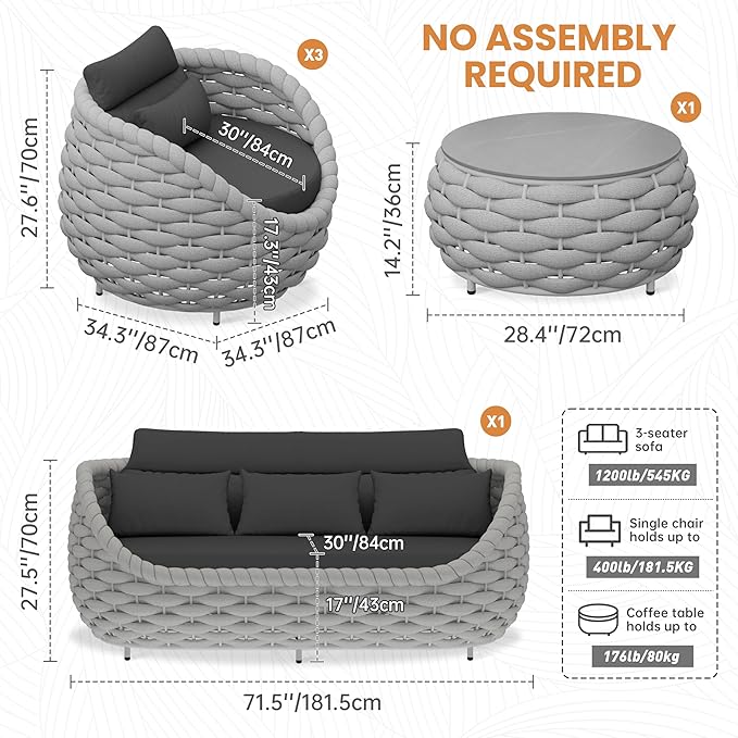 Aluminum Outdoor Patio Couch Set: 5 Pieces Woven Rope Porch Furniture Sofa Set Cushioned - Metal Modern Deck Conversation Set - All Weather Assembled Courtyard Seating for Backyard Pool Hotel