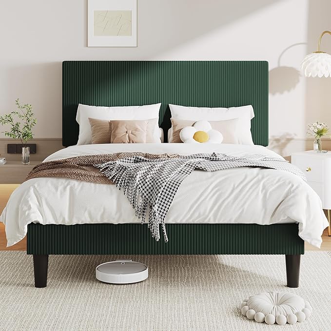 Allewie Queen Size Upholstered Bed Frame with Vertical Channel Tufted Headboard, Soft Corduroy Fabric Platform Bed, Strong Wooden Slats Support, Easy Assembly, No Box Spring Needed, Dark Green