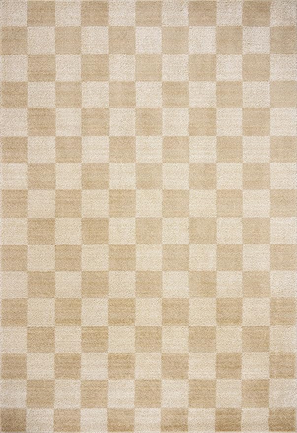 Loloi Chris Loves Julia Calvin Collection CLV-01 Wheat/Ivory 6'-3" x 9'-6" Area Rug Checkered Neutral Soft Living Room Bedroom Carpet