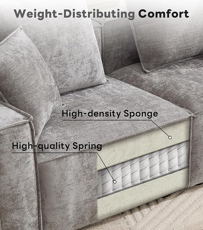 WILLOVE 47'' Single Sofa with Ottoman, Chenille Cloud Couch with Wide Armrests & 3 Pillows, Deep Seat Couches for Living Room, Grey