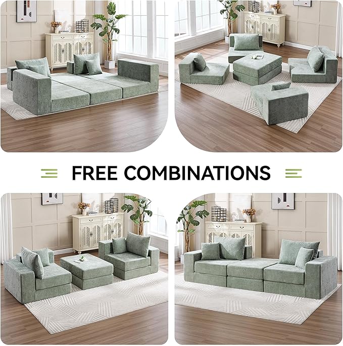 79" Boneless Loveseat Sofa Couch, Modular Foldable Floor Cloud Sofa with Ottoman, Lounge Convertible Sofa Bed for Living Room, No Assembly, Chenille Green