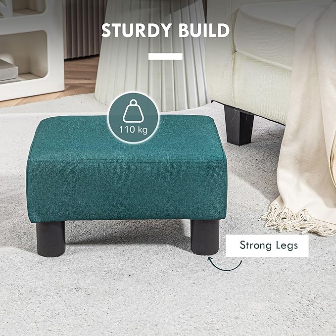 HOMCOM Ottoman Foot Rest, Small Foot Stool with Linen Fabric Upholstery and Plastic Legs, Cube Ottoman for Living Room, Green