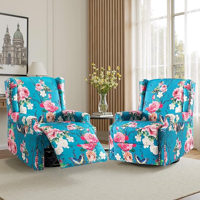 Pia Ricco Swivel Glider Recliner Chairs Set of 2, High Back Rocker Reclining Accent Chair with Smooth Manual Mechanism for Nursery, Comfortable & Quiet Upholstered Armchair Seating-Peacock Blue Rose