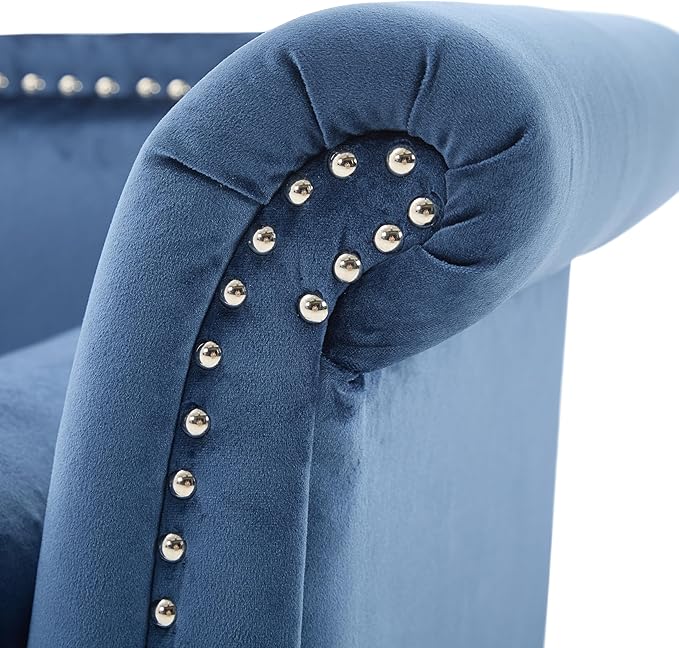 Christopher Knight Home Aurora Velvet Chaise Lounge Indoor with 2 Bolster Pillows, Upholstery Entryway Bench with Nailhead Trim & Curved Arms, End of Bed Bench Ottoman and Wooden Legs, Dark Blue