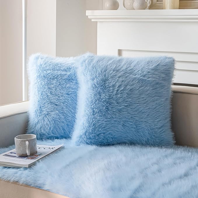 Neelvin Blue Faux Fur Cozy Fluffy Double-Sided Decorative Throw Pillow Covers 16x16 inch Set of 2,Velvet Pillowcase Cushion Case for Sofa Couch