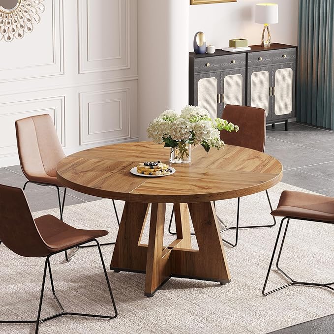 Tribesigns Round Dining Table for 4, 47 inch Farmhouse Circle Kitchen Table with Wooden Pedestal Base for Kitchen, Dining Room, Living Room (Wood)
