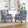Pia Ricco Set of 2 Floral Accent Chairs, High Back Upholstered Armchairs with Retro Wingback Design, Nailhead Trim & Solid Wood Legs for Living Room Bedroom(Flower Navy)