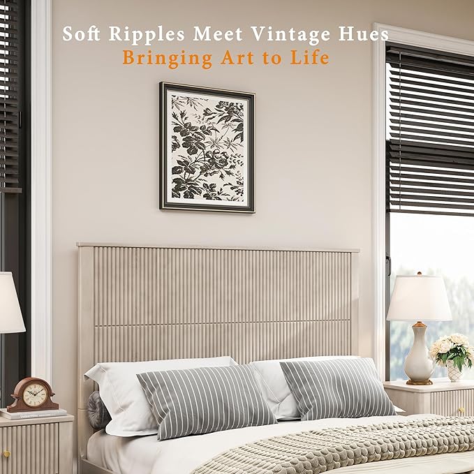 Queen Size Solid Wood Platform Bed Frame, Solid Wood Bed with 63.58" Headboard, Solid Wood Leg/No Box Spring Needed/Noise Free/Beige