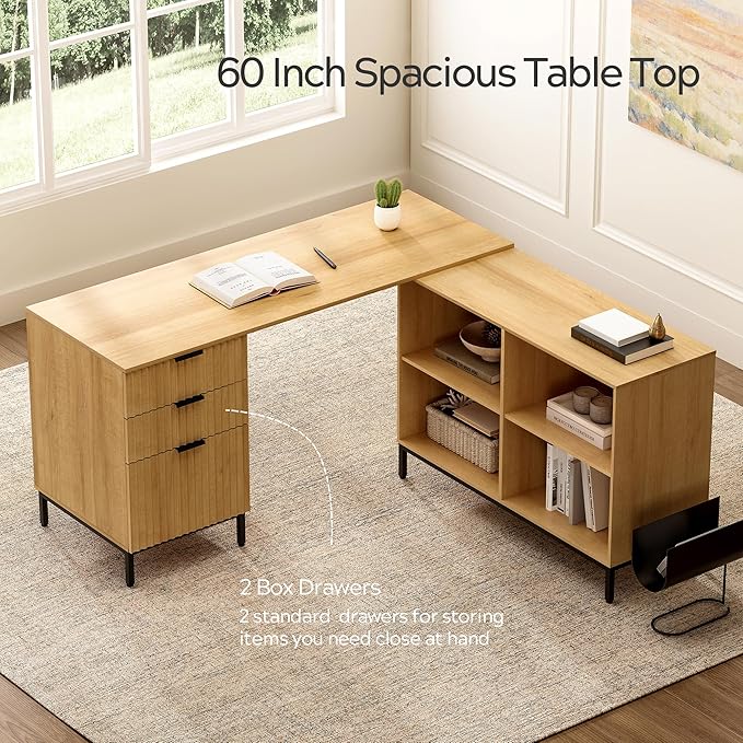 Fluted Executive Desk with Storage Cabinet, 60" Modern Flexible Home Office Desk, Large Wood Convertible Computer Standing Up Desk with File Drawer, L Shaped Writing Desk Natural Oak