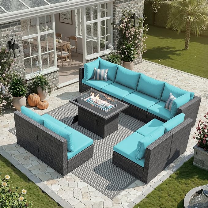 NICESOUL Extra Large 9 Piece Patio Furniture Set with Fire Pit Table Natural Gas & Propane, 29.3'' High Back Rattan Outdoor Conversations, 8 Seater Modular Sofa Set, 2 Color Cushions Turquoise & Gray