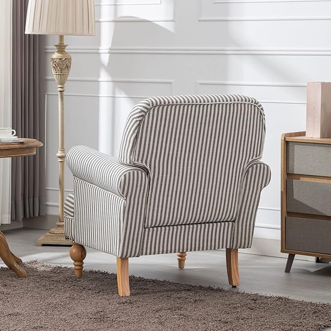 Midcentury Modern Accent Chair Comfy Linen Fabric Armchair Wide Reading Chairs Upholstered Lounge Couch Chair for Bedroom/Living Room, Black Stripe