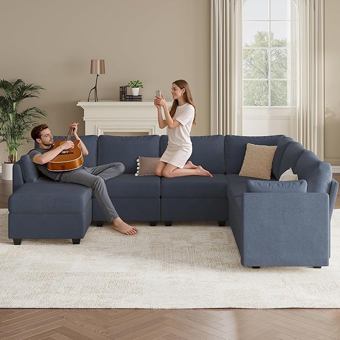 Modular Sectional Sofa Couches, Large Convertible Modular Couches With Storage, 7-Seater Sectional Sofa For Living Room, U Shaped Sectional Couch Sleeper Sofa With Chaise (BlueGrey, 7 Seats)