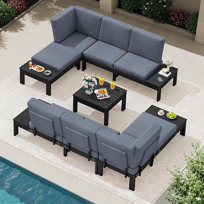 SERWALL HDPE Patio Furniture Set, Modular Outdoor Sectional Sofa Set with Built-in Side Tables, Seats 4, All-Weather Patio Conversation Set for Garden, Deck, Porch, Black Frame with Grey Cushion