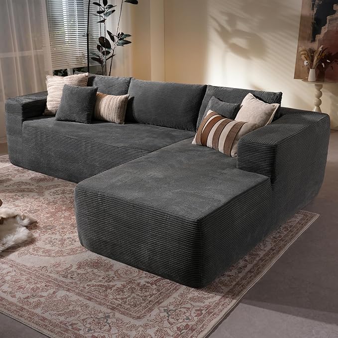 106" Cloud Sectional Couch with Chaise Lounge,L Shaped Modular Modern Sofa,Comfy Corduroy Fluffy Couches with Deep Seat,No Assembly Required Couch for Living Room(Right,Stripe Corduroy,Gray)