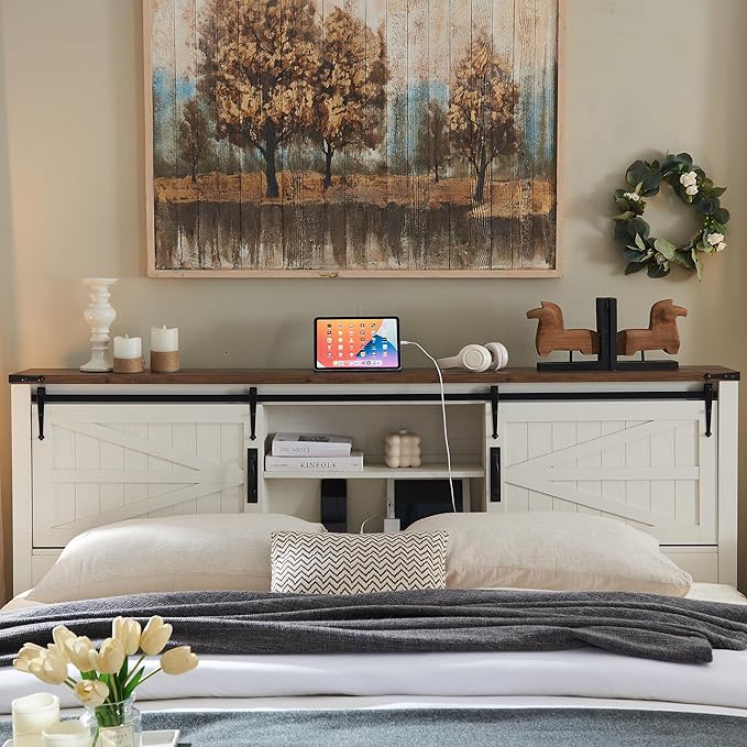 T4TREAM Farmhouse Full Size Bed Frame w/Storage Bookcase Headboard, Sliding Barn Door, Charging Station, Rustic Wood Platform Bed w/Wood Slats Support, No Box Spring Needed, Antique White