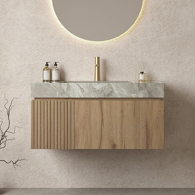 Bathroom Vanity with Sink 36 Inch, Floating Bathroom Vanity Sink Cabinet with Drawer and Door, Undermount Sink & Light Gray Sintered Stone Top, Pre-Assembled, White Oak