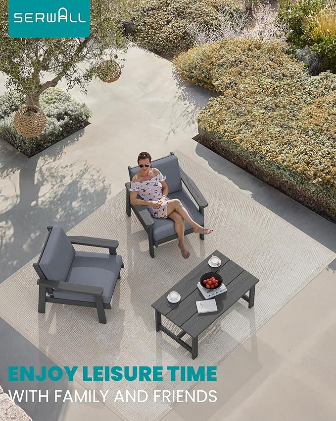 SERWALL HDPE Outdoor Couch Set of 2, Grey Frame and Grey Cushion