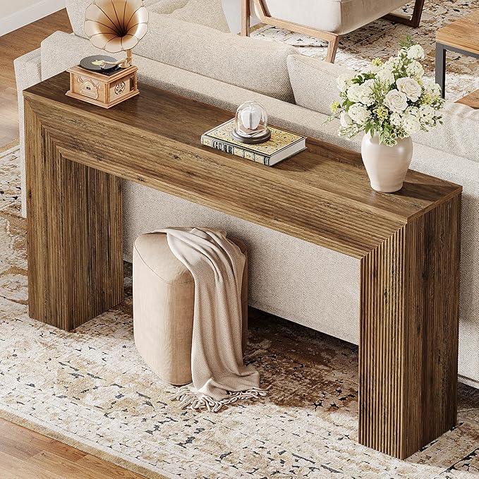 Tribesigns 63" Console Table, Rustic Fluted Long Sofa Table Behind Couch for Entryway, Living Room, Hallway, Foyer, Brown