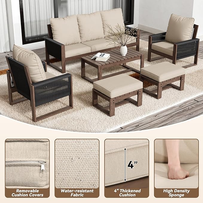 6 Piece Patio Furniture Set with 3-Seat Sofa, 2 Porch Armchairs, 2 Ottoman and 1 Coffee Table Wicker Outdoor Conversation Set for Garden, Terrace, Porch, Balconies, Lawns