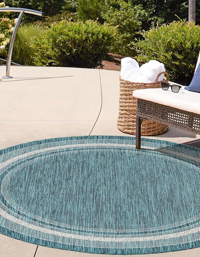 Unique Loom Outdoor Border Collection Area Rug - Soft Border (3' 1" Round, Teal/ Ivory)