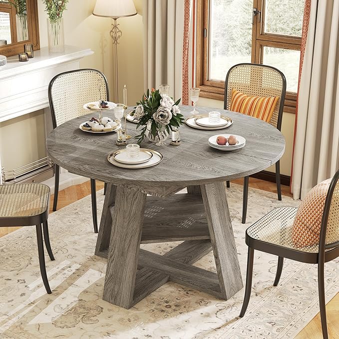 Aivermel 43.3‑59 in Extendable Oval Dining Table for 4‑6, Engineered Wood Round Dining Table with Hidden Extension Storage & Bottom Shelf, Space‑Saving Modern Kitchen Living Room Tables (Vintage Grey)