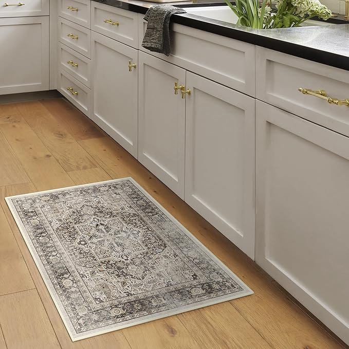 RUGGABLE Washable Vintage Area Rug – Kamran Hazel 2x3, Stain-Resistant, Non-Slip – Small Machine Washable Rugs for Living Room, Bedroom, Hallway, Entryway & Bathroom–with Cushioned Pad