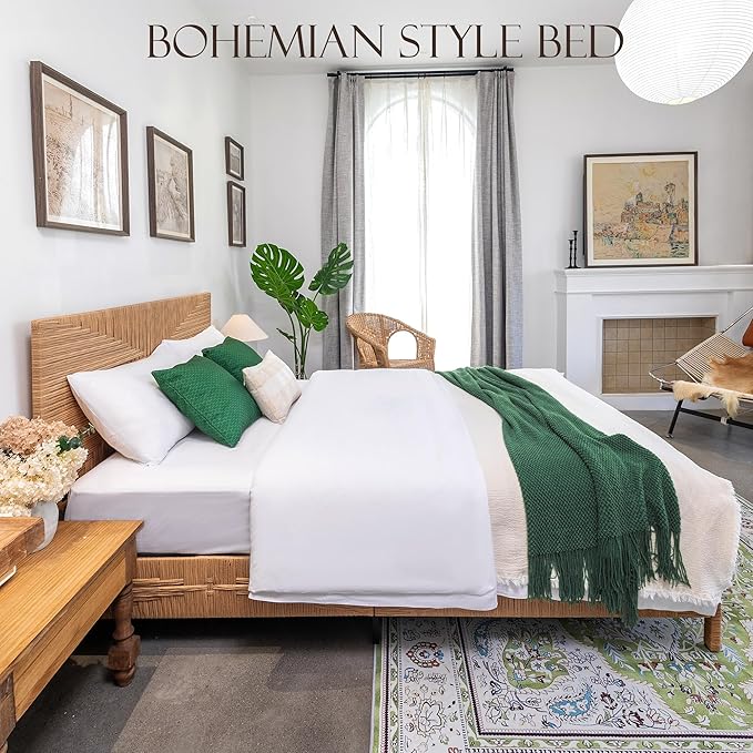 Yechen Boho Full Bed Frame with Headboard and Footboard, Hand-Woven Rattan Mid Century Modern Bedframe with Vintage Pattern, Wicker Bed with Metal Frame and Metal Slats, No Box Spring Needed, 1000lbs