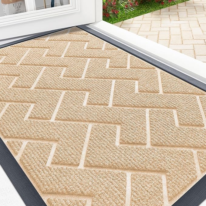 OLANLY Front Door Mat Indoor Outdoor Entrance, Waterproof All-Season, All-Weather Doormat, Sturdy Natural Rubber, Low Profile, Easy Clean Patio Porch Entryway Mat, Herringbone Brick (Beige, 36x24)