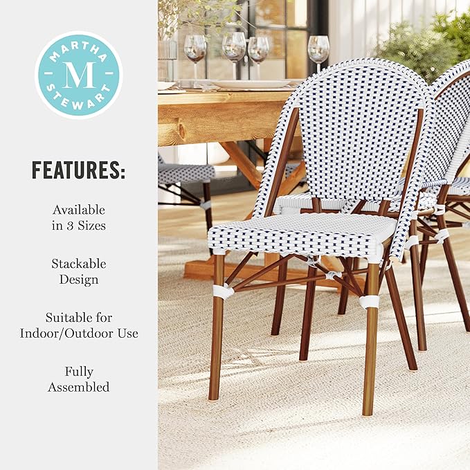 Martha Stewart Lily Pond Indoor-Outdoor Stackable Bistro Chairs with Natural Woodgrain Aluminum Frame Finish, White/Navy Woven Rattan Backrests/Seats, Set of 2