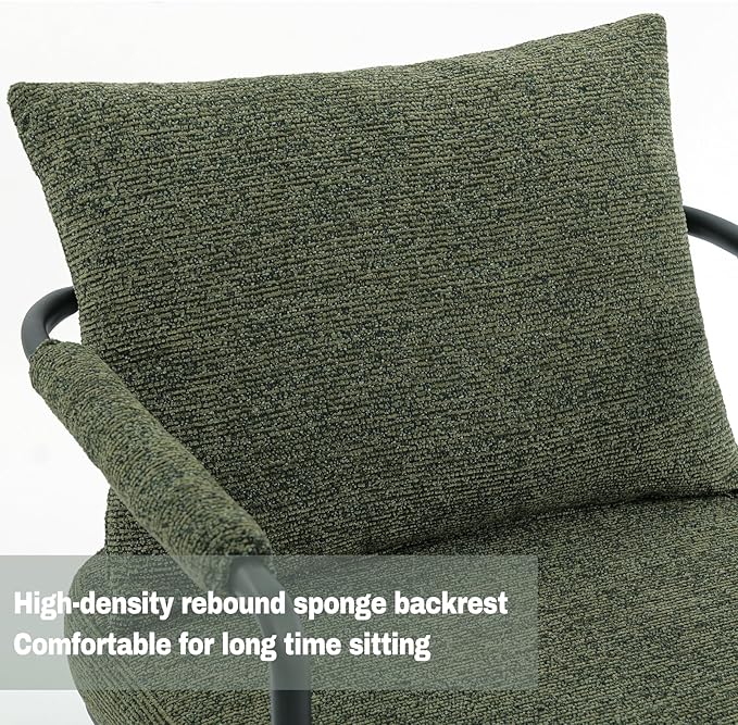 Single Accent Chair for Living Room, Mid Century Modern Upholstered Reading Armchair for Bedroom, Office, with Comfy Chenille Cushion Back & Metal Frame, Green